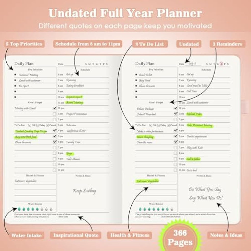 Jolof Store Undated Daily Planner | A5 PU Leather Hourly Agenda, Pink