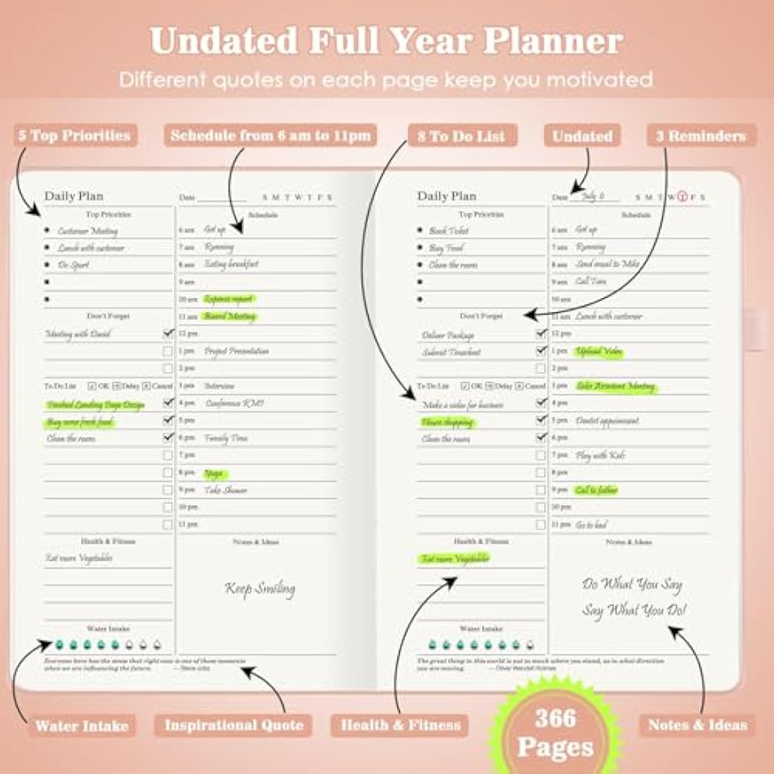 Jolof Store Undated Daily Planner | A5 PU Leather Hourly Agenda, Pink