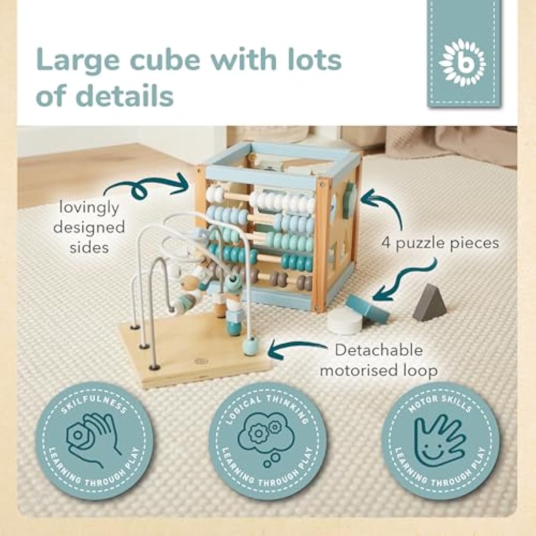 Bieco Wooden Motor Skills Activity Cube – Scandi-Chic Baby Toy from 1 Year