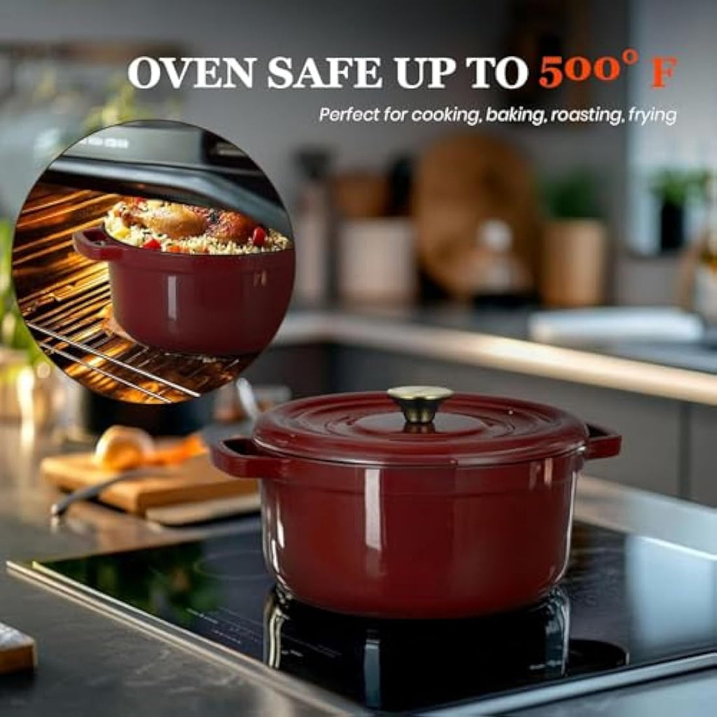 Overmont 5L Enameled Cast Iron Dutch Oven – 26cm Bread Baking Pot, Red