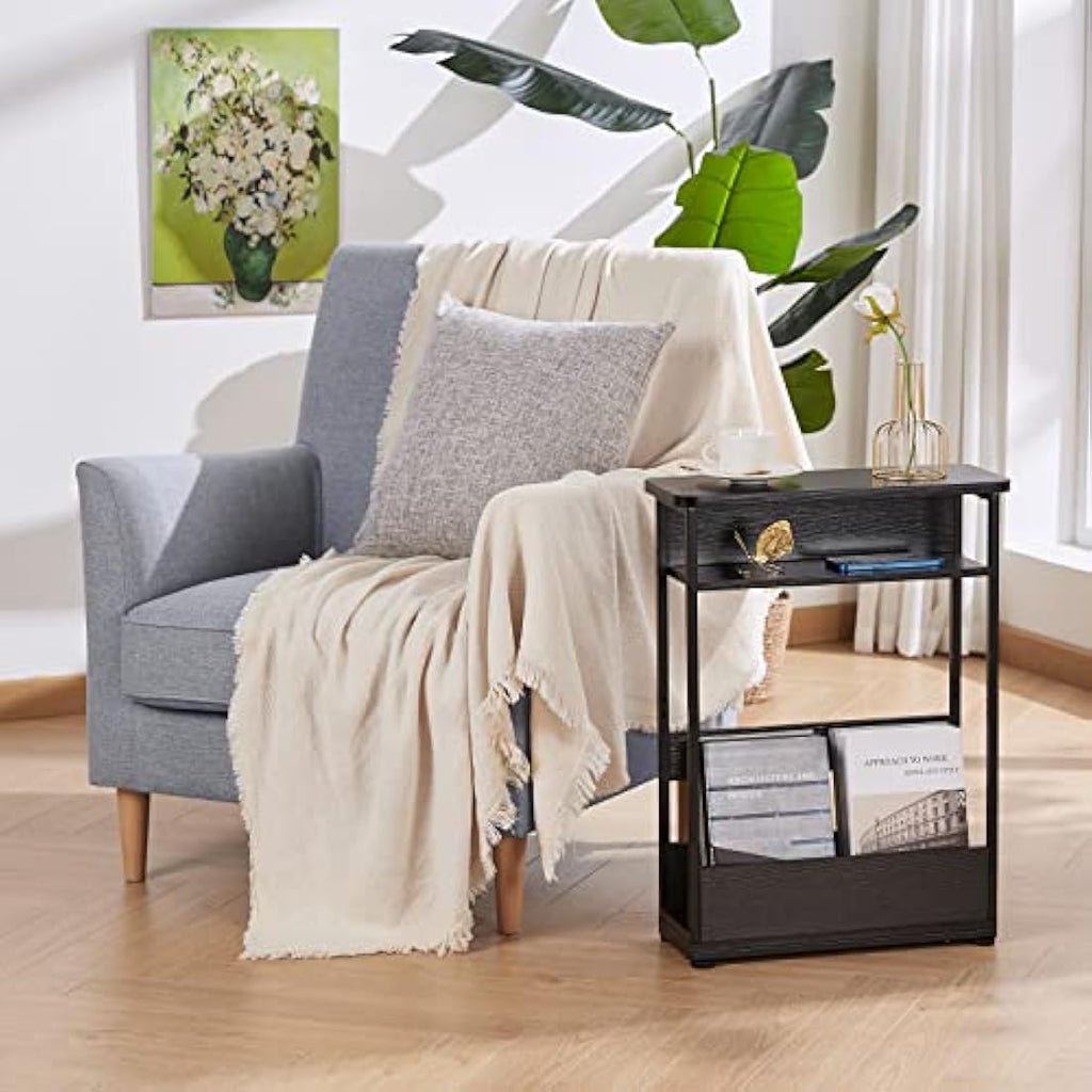 YEAKOO Narrow Side Table – 3-Tier Slim End Table with Storage Shelf