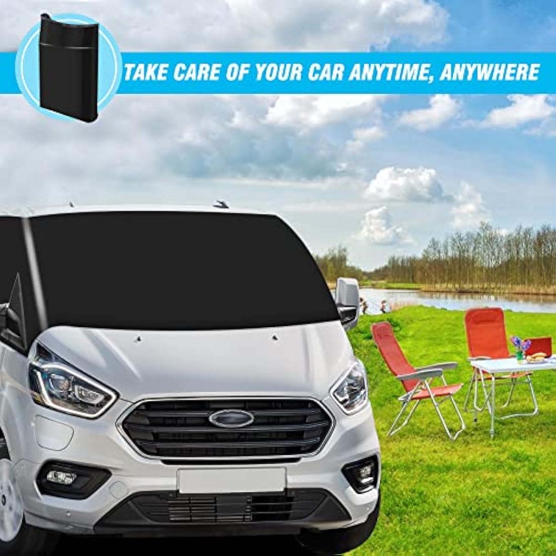 MaxEarn Ford Transit Custom Windshield Cover | 600D Oxford Blackout Wrap