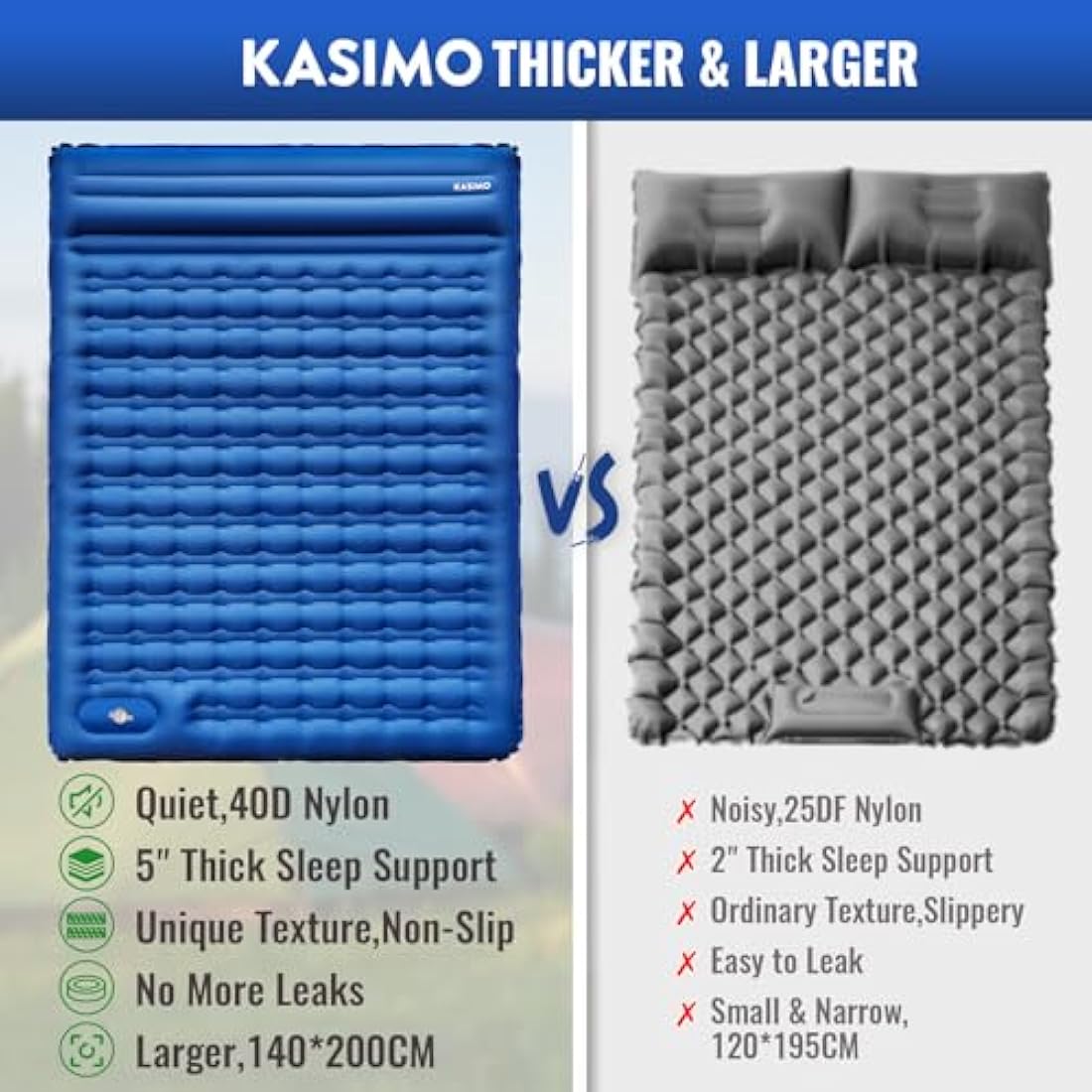 KASIMO Double Sleeping Pad – 5" Thick Inflatable Camping Mattress with Pillow