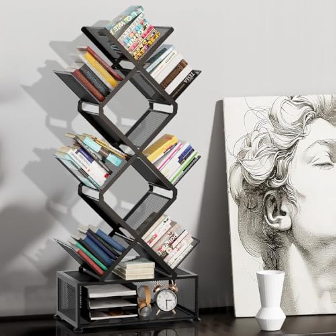 9-Tier Tree Bookshelf – Folding Metal Space Saving Rack