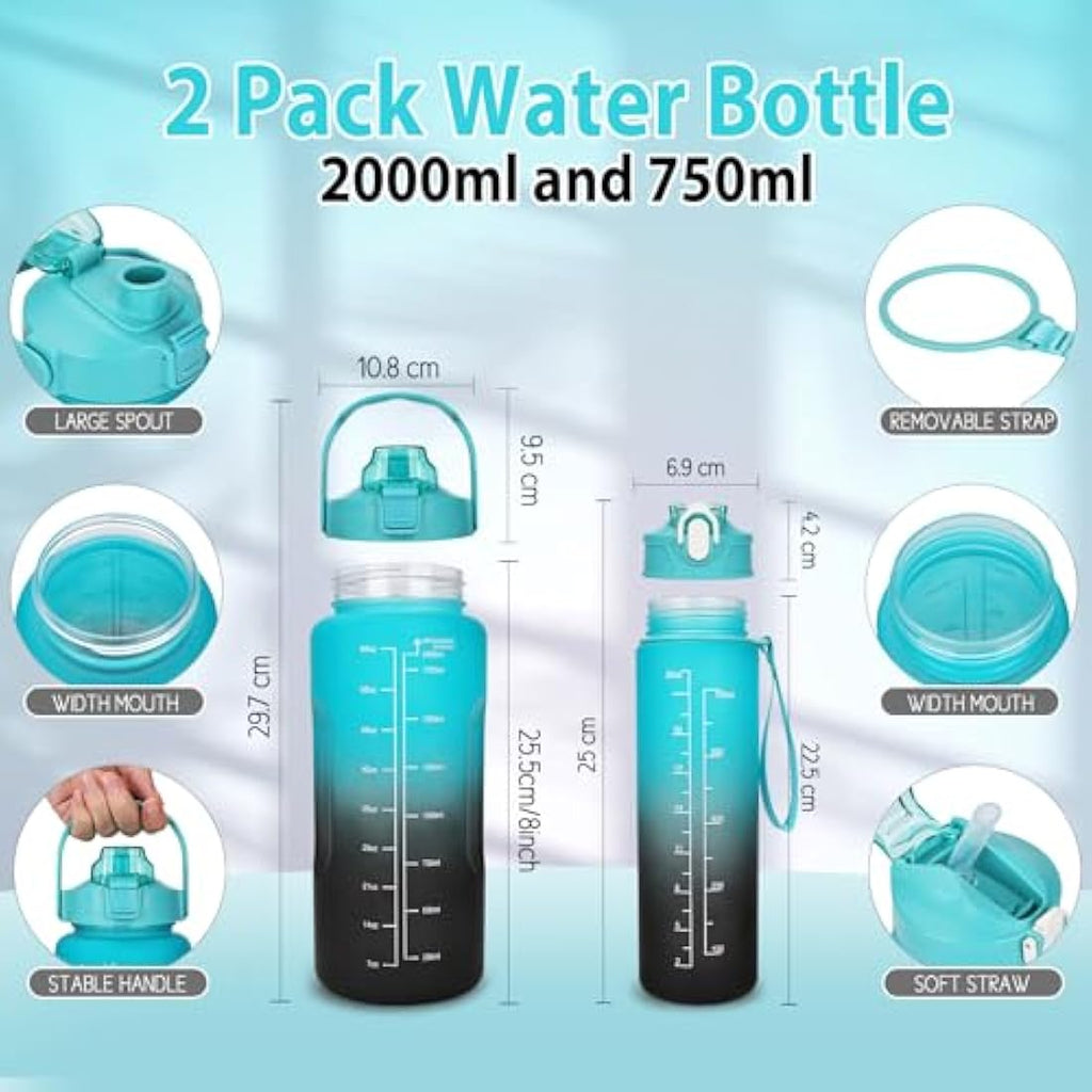 CodiCile 2 Pack Motivational Water Bottle Set – 2L & 750ml BPA Free