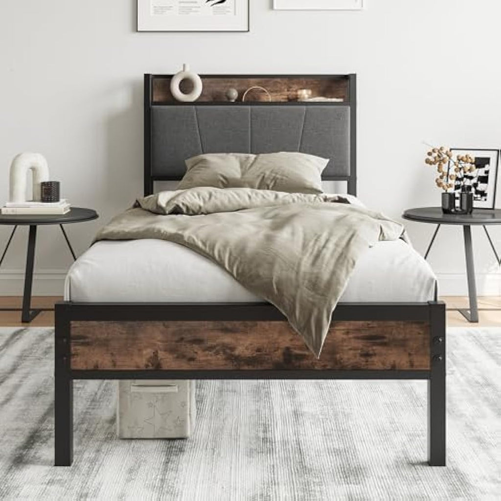 BORPHOM 3ft Single Metal Bed Frame with Storage Headboard & Upholstery