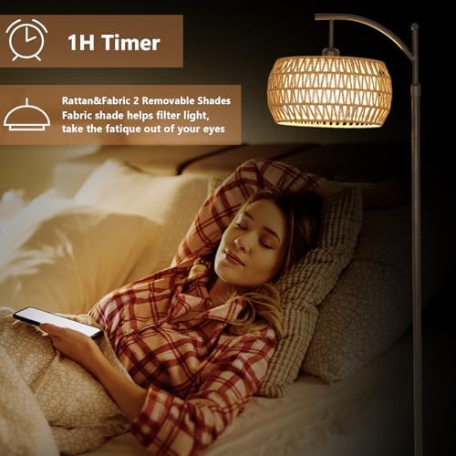 Rayofly Arc Floor Lamp | Dimmable Boho Standing Lamp with Rattan Shade