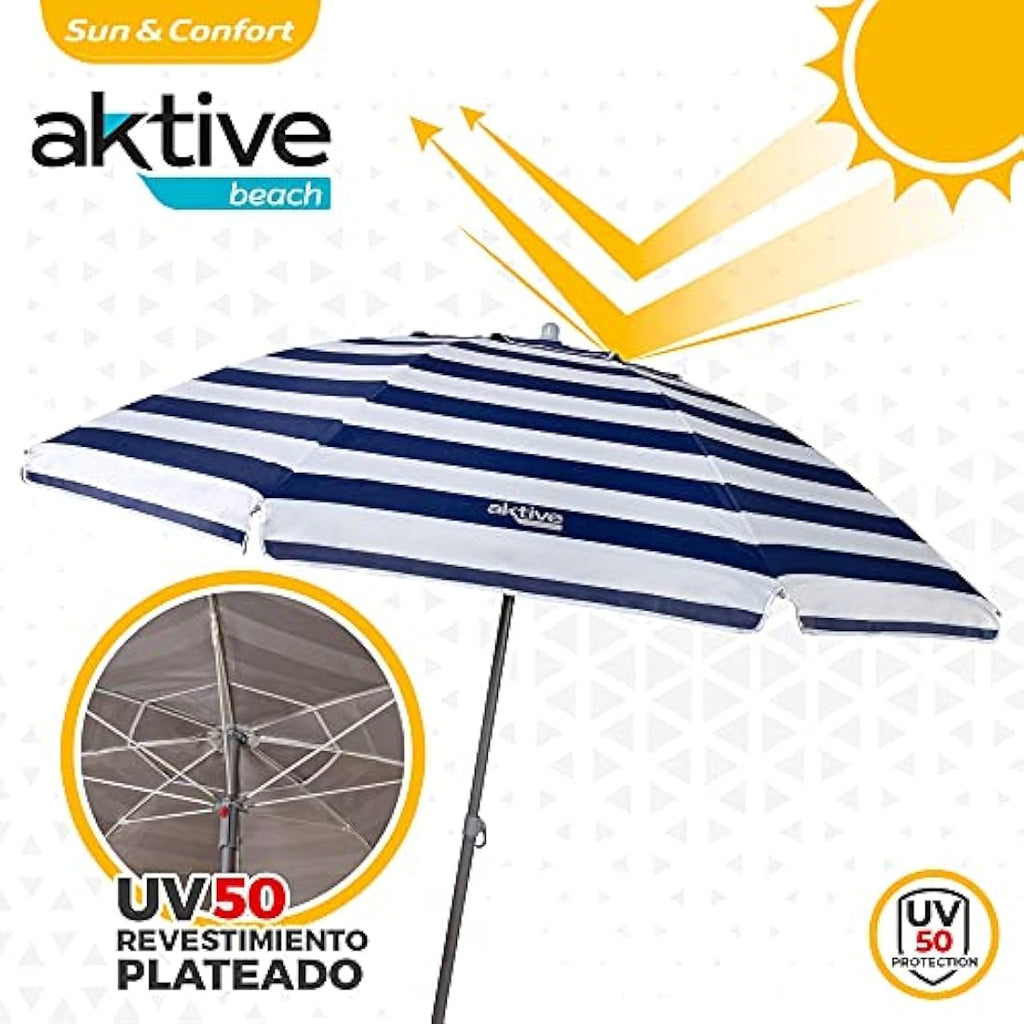 Aktive Beach Umbrella 220cm – Windproof UV50 Marine Stripe Shade