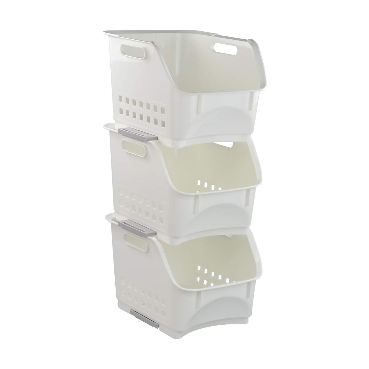 Zerdyne 3 Packs Plastic Stacking Storage Basket, White Stackable Storage Rack Baskets