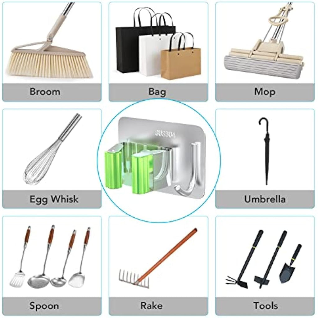 Homeasy Mop and Broom Holder – 4 Pcs Stainless Steel Wall Mount (Green)