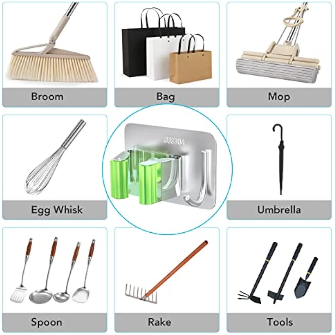 Homeasy Mop and Broom Holder – 4 Pcs Stainless Steel Wall Mount (Green)