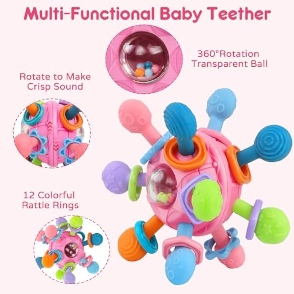 Baby Sensory Rattle & Teether Toy – Montessori Silicone Pink