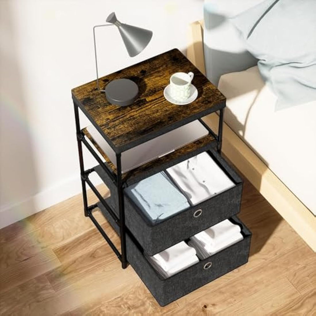 Mutool 4-Tier End Table | Nightstand with Fabric Drawers - Black
