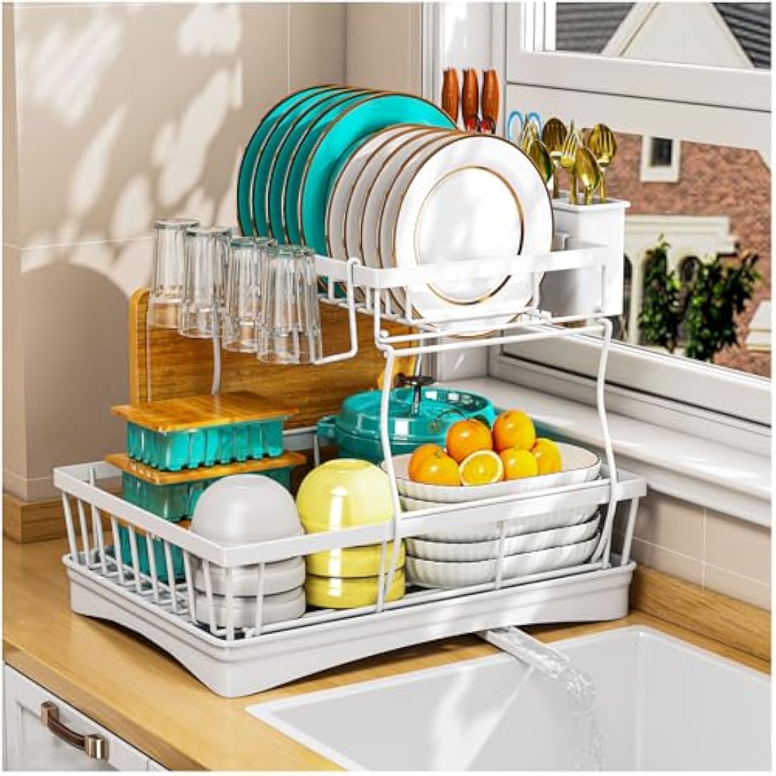 StowBin 2-Tier Dish Drying Rack with Drainboard and Utensil Holder