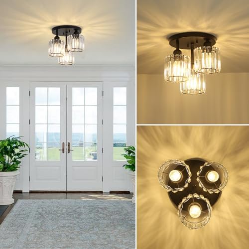 Rayofly Modern 3-Light Crystal Chandelier | Black Semi Flush Ceiling Light