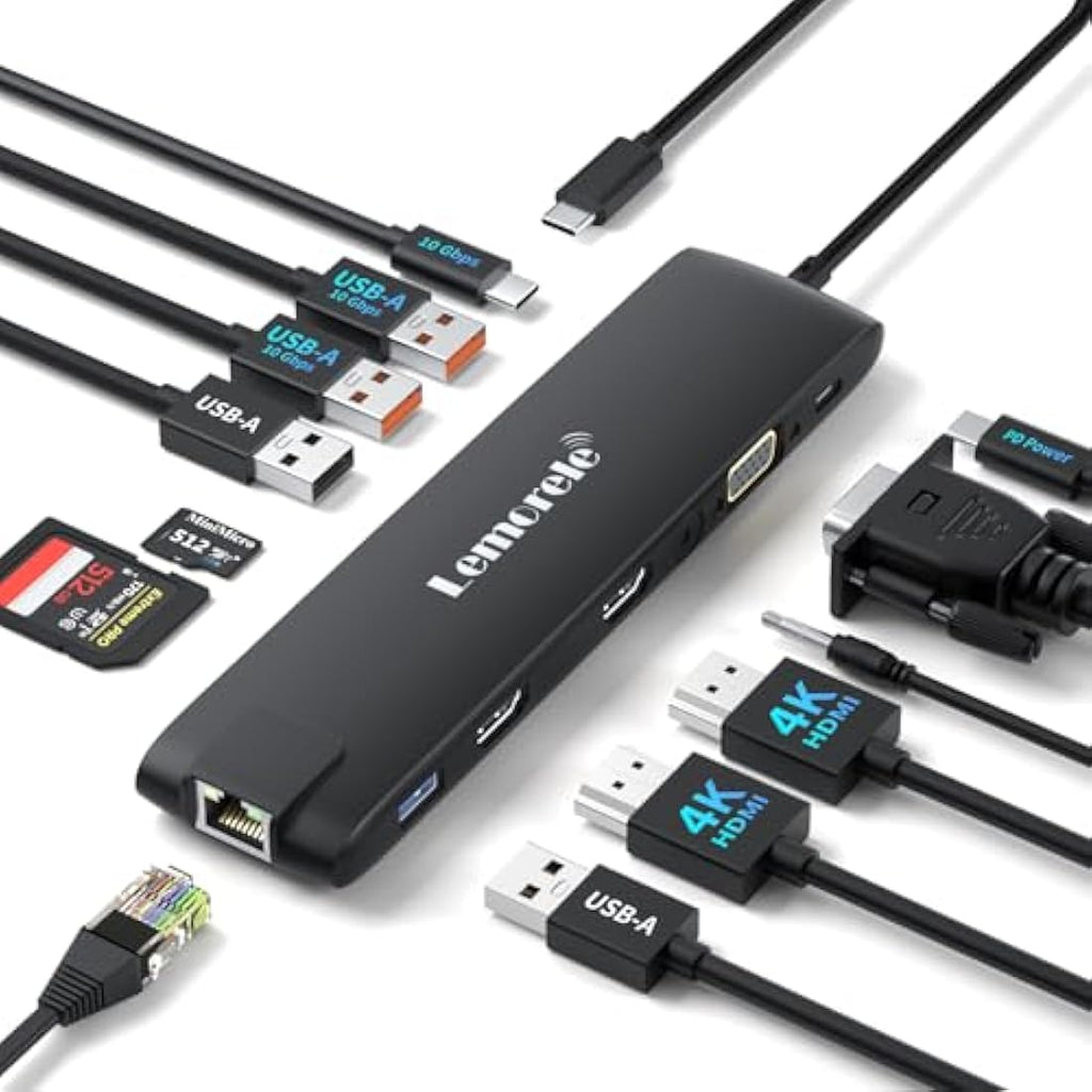 Lemorele 13-in-1 USB-C Docking Station | 4K Dual HDMI, 10Gbps & PD 100W