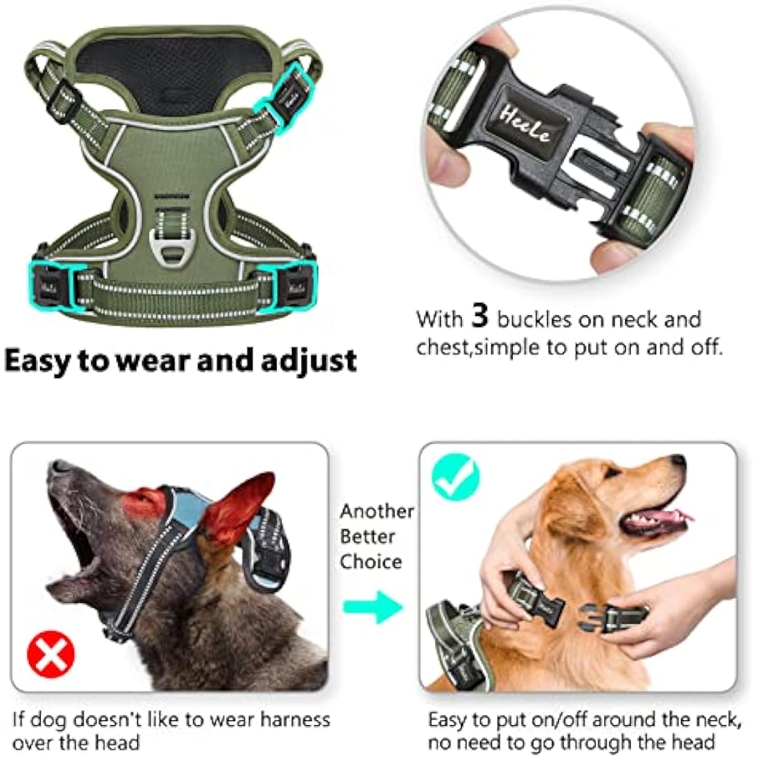 HEELE No Pull Dog Harness | Reflective Padded Adjustable Vest - Green, XS