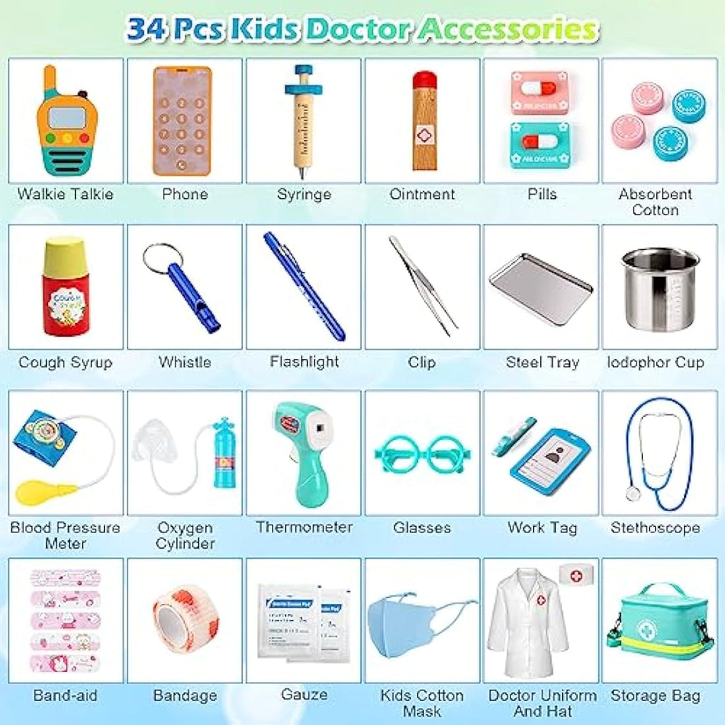 Sundaymot 34-Piece Kids Wooden Doctor Kit with Real Stethoscope