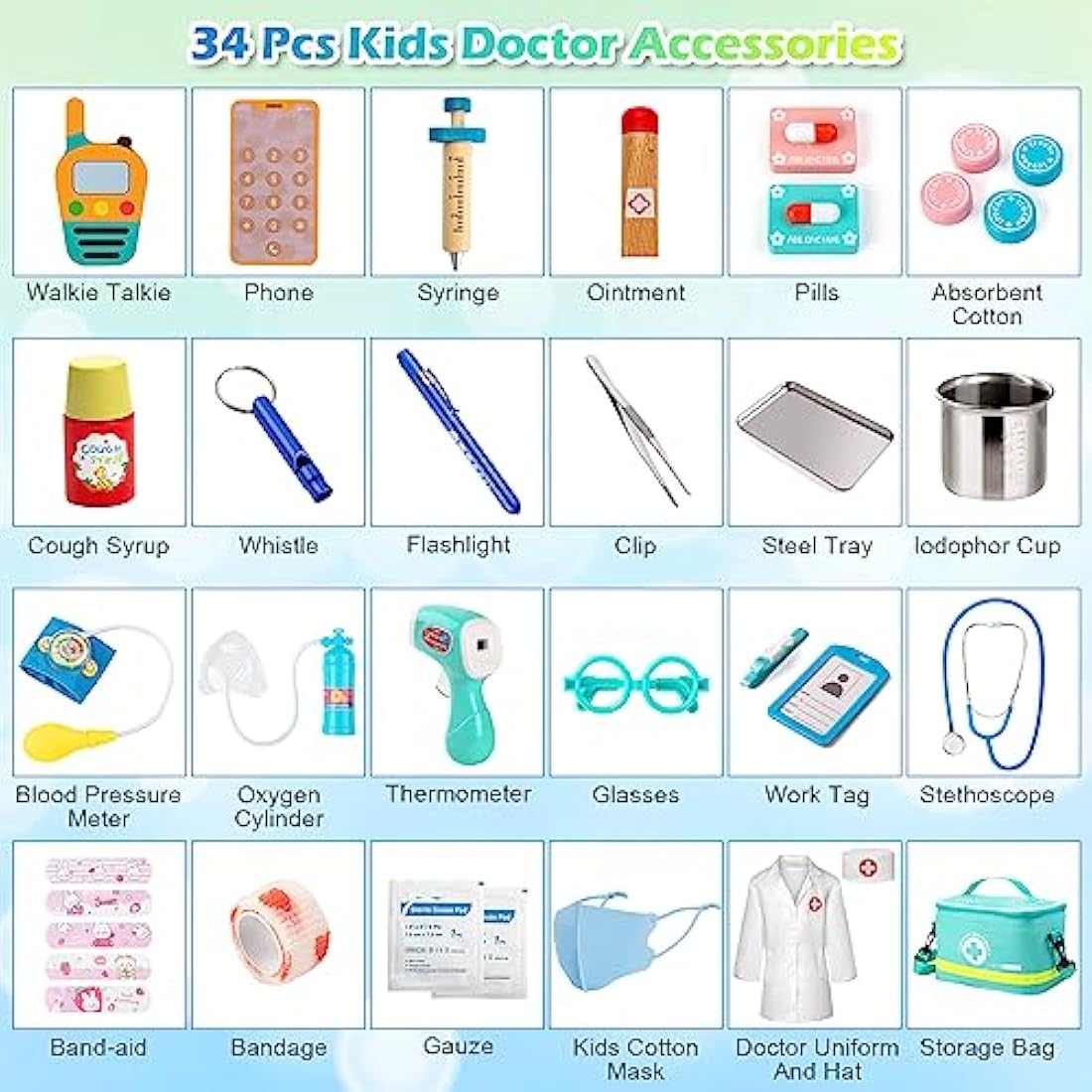 Sundaymot 34-Piece Kids Wooden Doctor Kit with Real Stethoscope