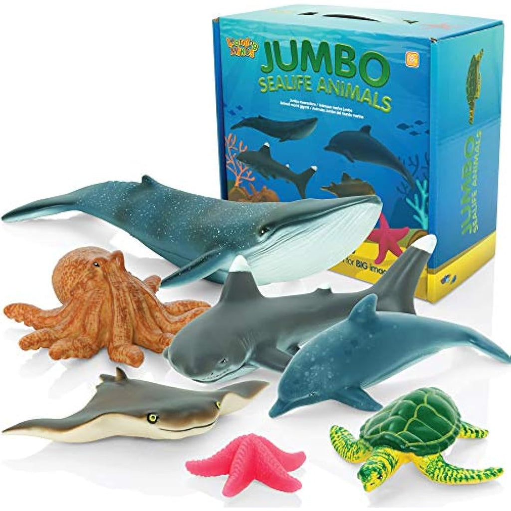 Learning Minds Jumbo Sea Animal Figures – 7 Piece Vinyl Ocean Toy Set