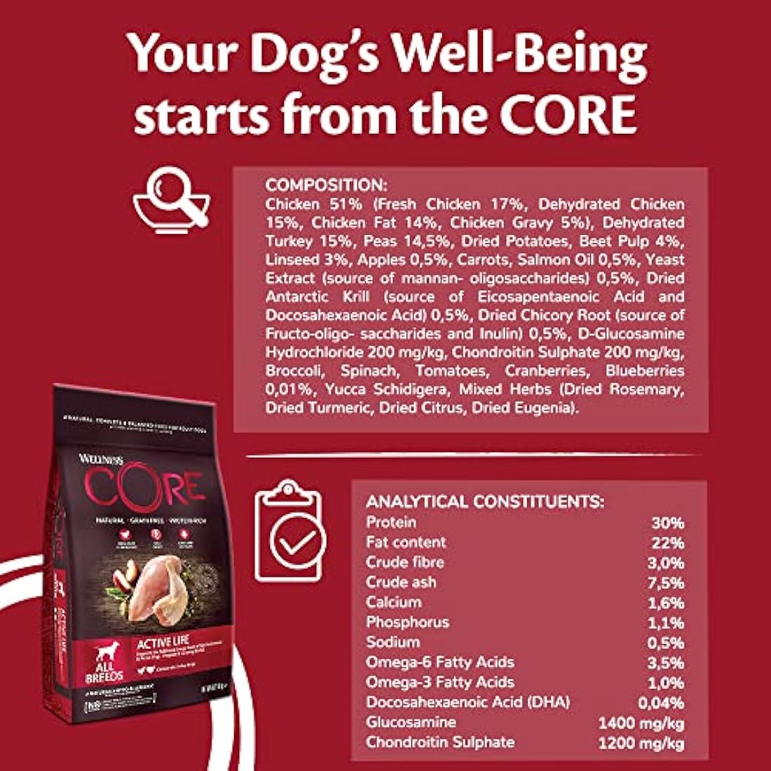 Wellness CORE Grain-Free Active Life Chicken & Turkey Dry Dog Food - 10kg