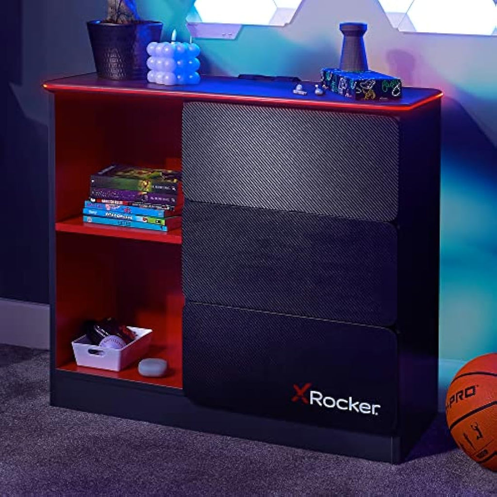 X-Rocker 3 Drawer Chest with RGB LED Lighting – Grey/Red Gaming Dresser
