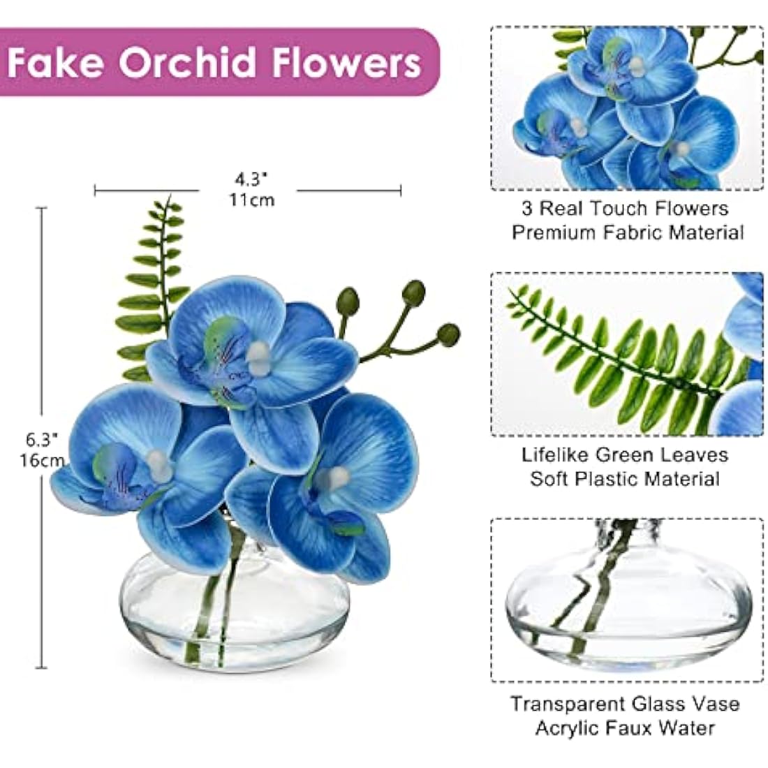 Briful Set of 3 Blue Artificial Orchids in Glass Vase – Real Touch Faux Flowers