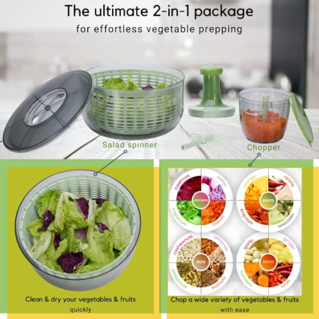Brieftons Salad Spinner and Chopper – 6L Vegetable Washer and Dryer Set