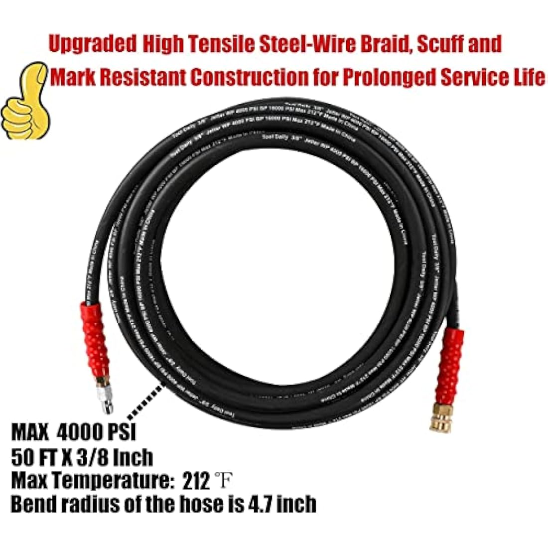 Jolof Store Pressure Washer Hose | 50 FT x 3/8 Inch | 4000 PSI Wire Braided
