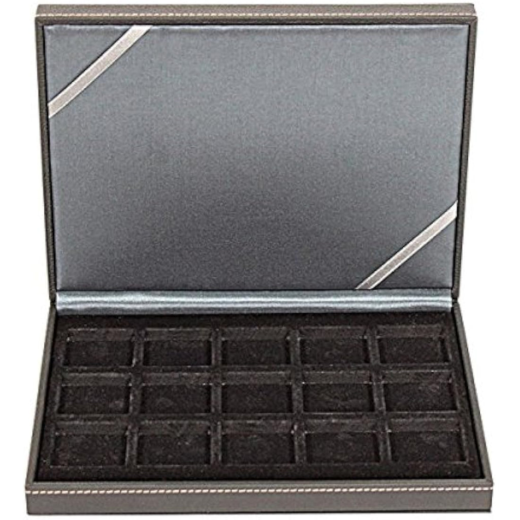 LINDNER Coin Case - 15 Compartments for 40mm Coins - Black Leather Look