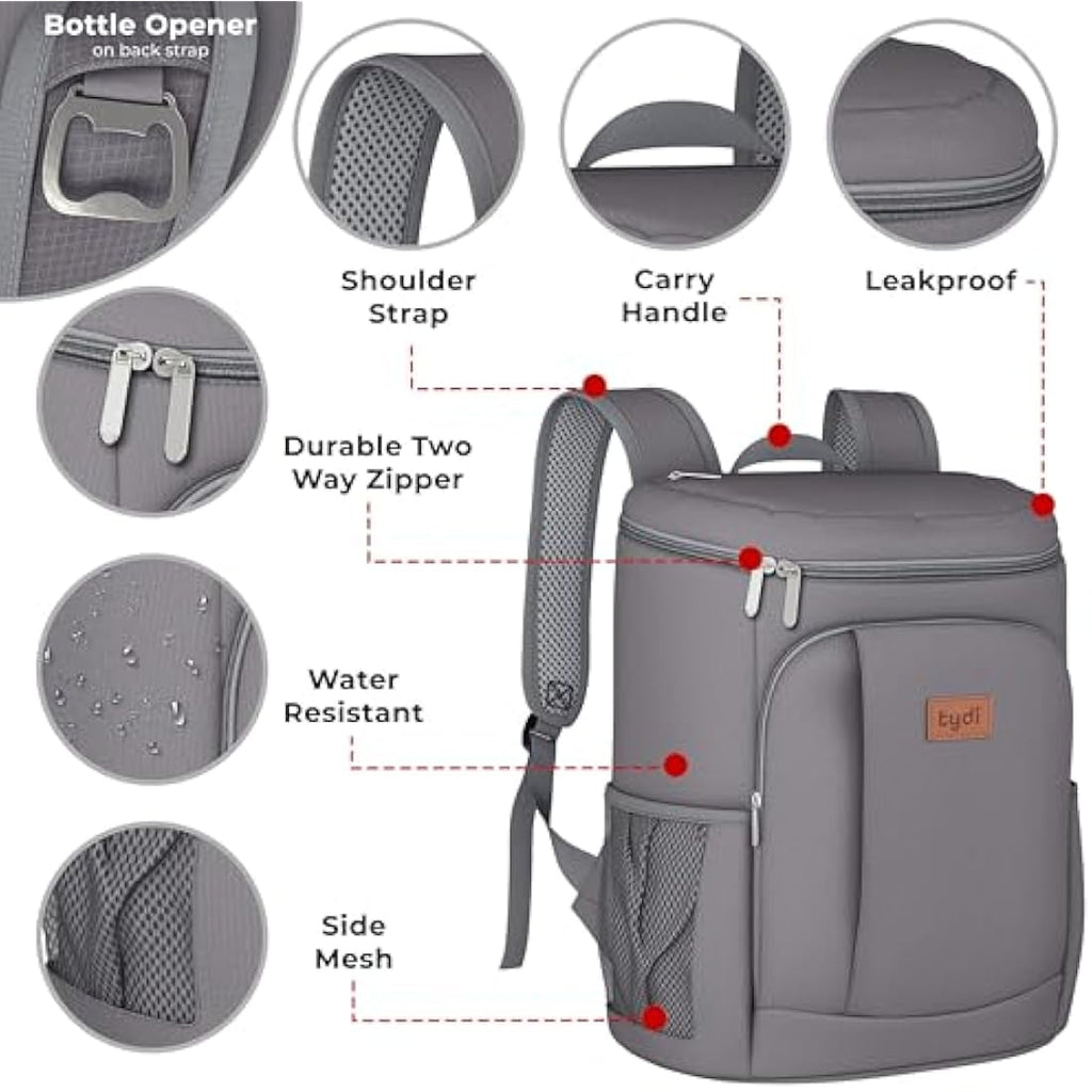 Tydi Insulated Cooler Backpack – 30L Leakproof Hiking Rucksack, Grey