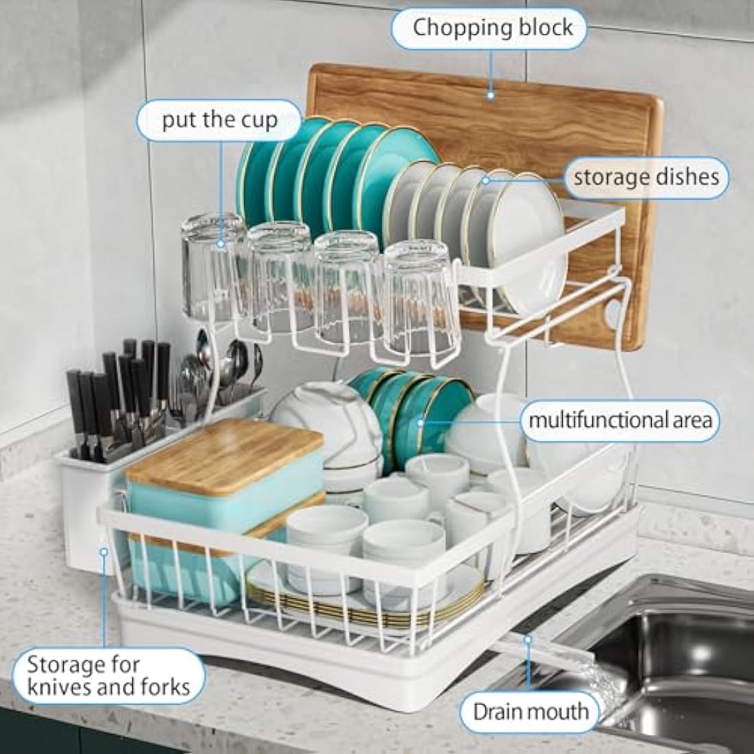 2-Tier Dish Drying Rack – Rustproof Carbon Steel Drainer, White