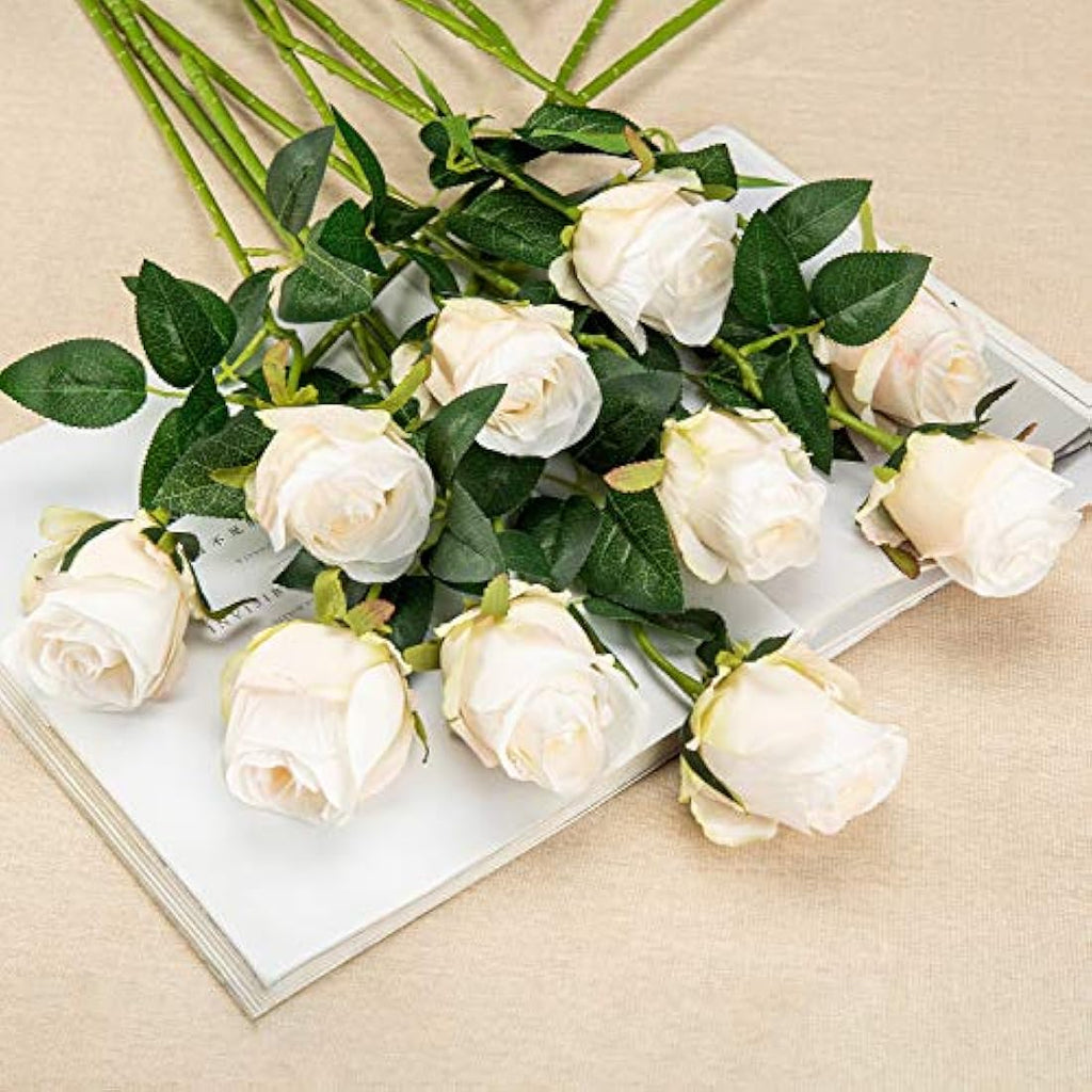 10pcs Artificial Silk Roses – 20" Long Stem White Flowers