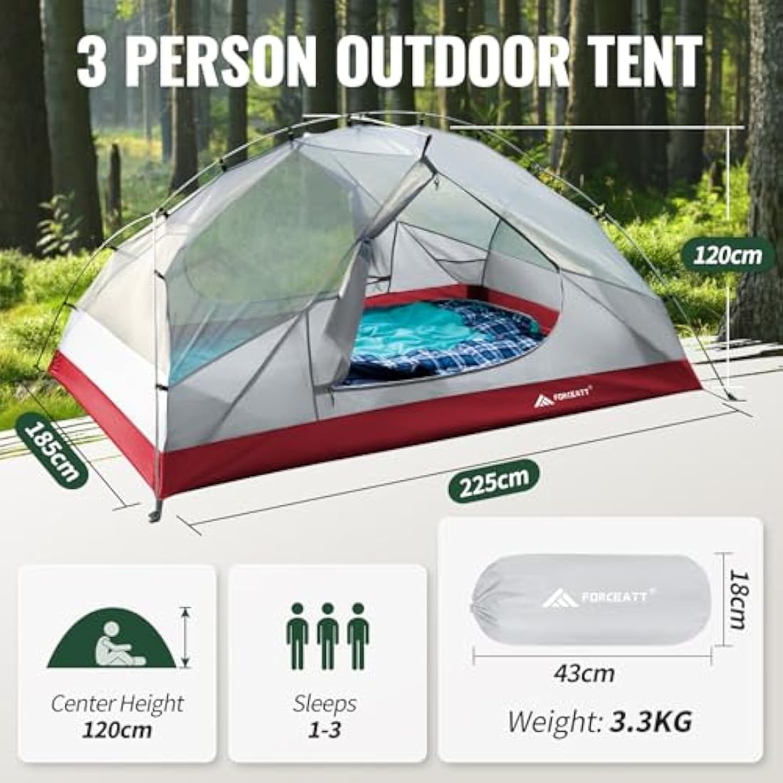 Forceatt 3-Person Backpacking Tent | Waterproof Lightweight Hiking Tent