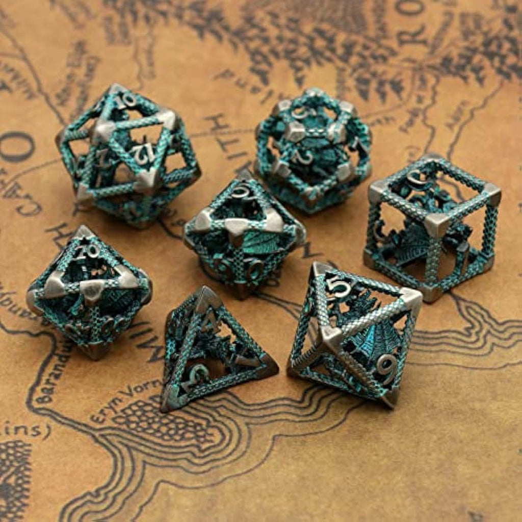 Hollow Metal Dragon D&D Dice Set | Silver Blue Polyhedral