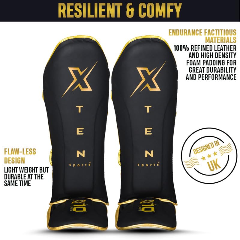 XTEN SPORTS Muay Thai Shin Guards | Gel Padded Leather Gear - Golden, XL