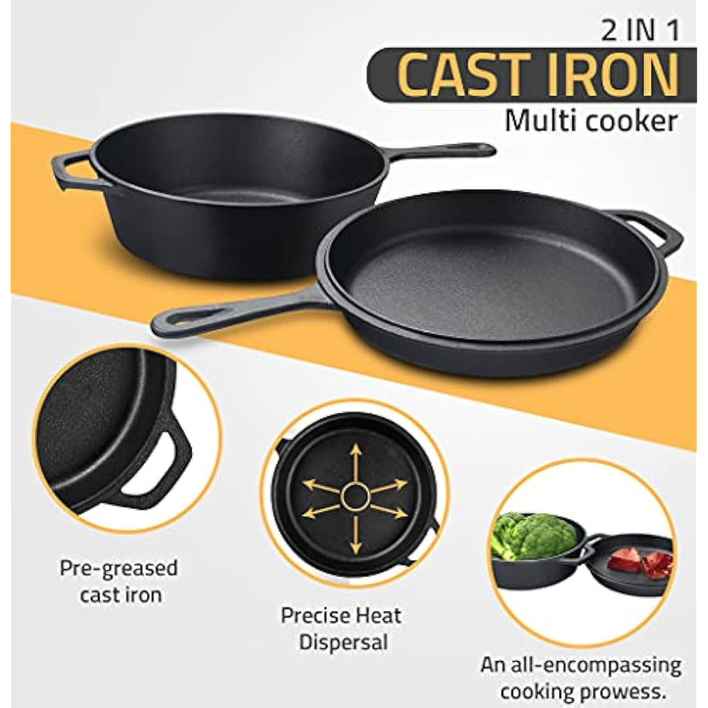 Kichly Pre-Seasoned Cast Iron Combo Cooker | 3.2 Quart Dutch Oven & Skillet
