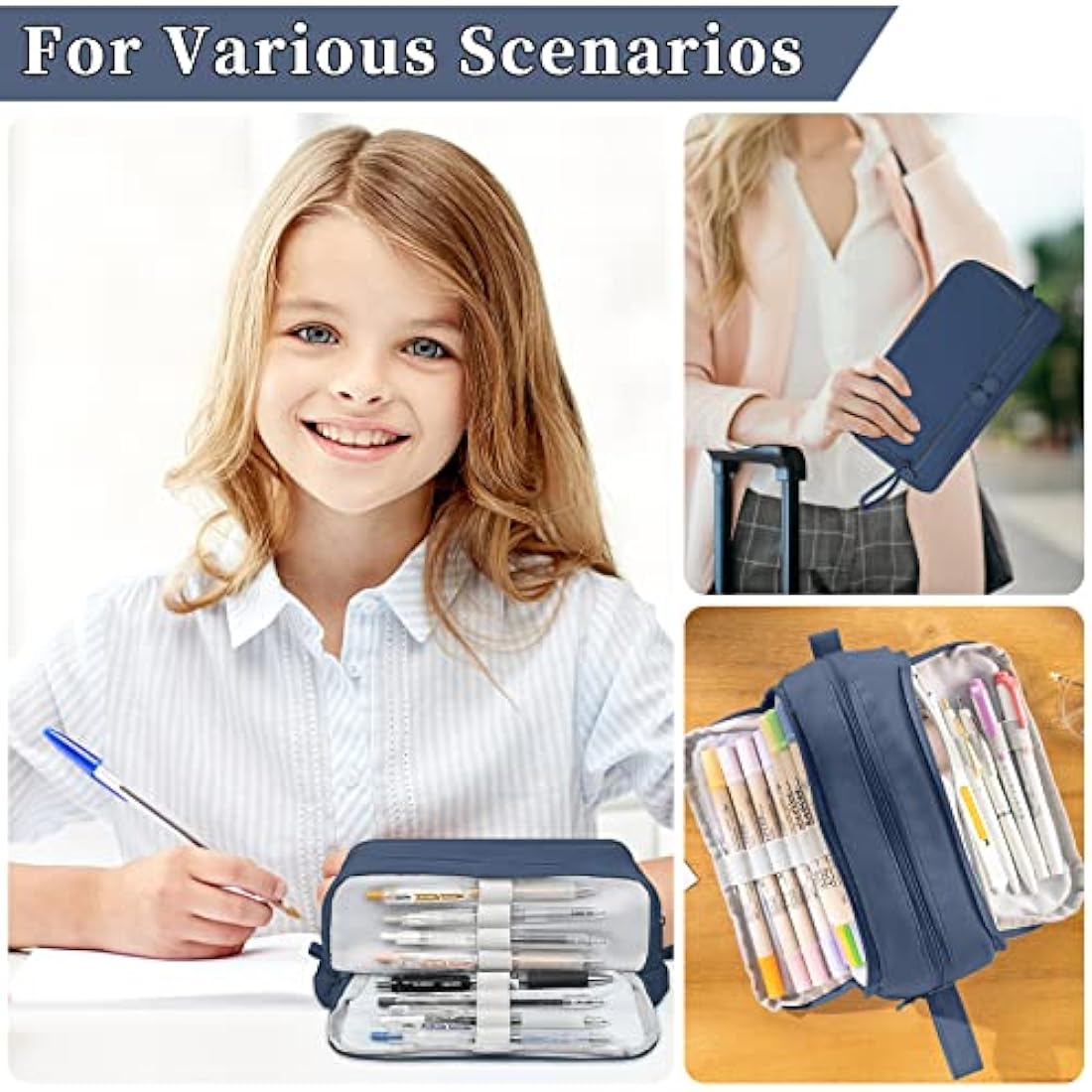 Tesmien Large Pencil Case | 4-Compartment Canvas Stationery Bag - Dark Blue