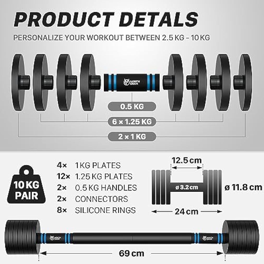 Northdeer 10kg Adjustable Dumbbell & Barbell Set | Compact Steel Weights