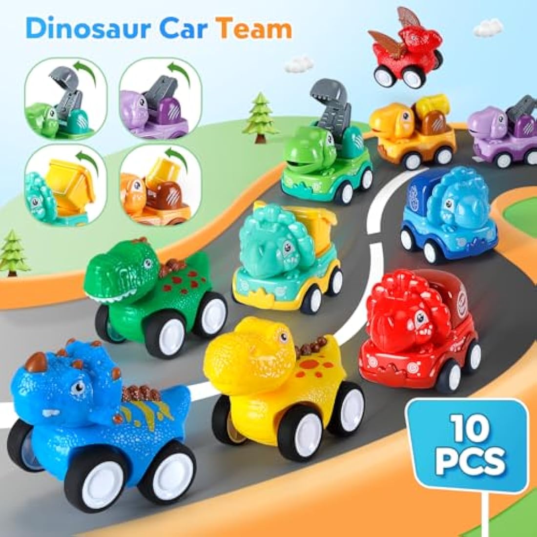 10-Piece Pull Back Dinosaur Toy Cars with Playmat & Bag