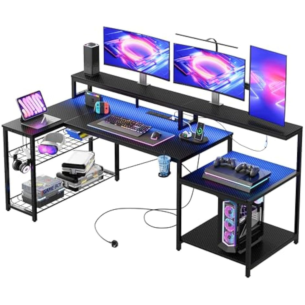 Bestier L-Shaped Gaming Desk with RGB LED Lights and Power Outlets