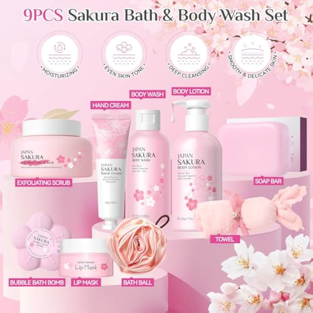Jolof Store 9-Piece Sakura Bath Gift Set | Cherry Blossom Spa Skincare Kit