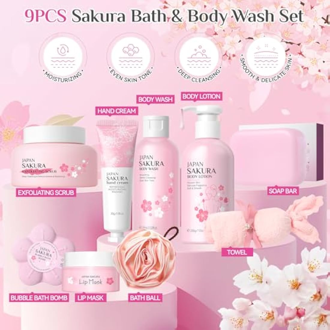 Jolof Store 9-Piece Sakura Bath Gift Set | Cherry Blossom Spa Skincare Kit