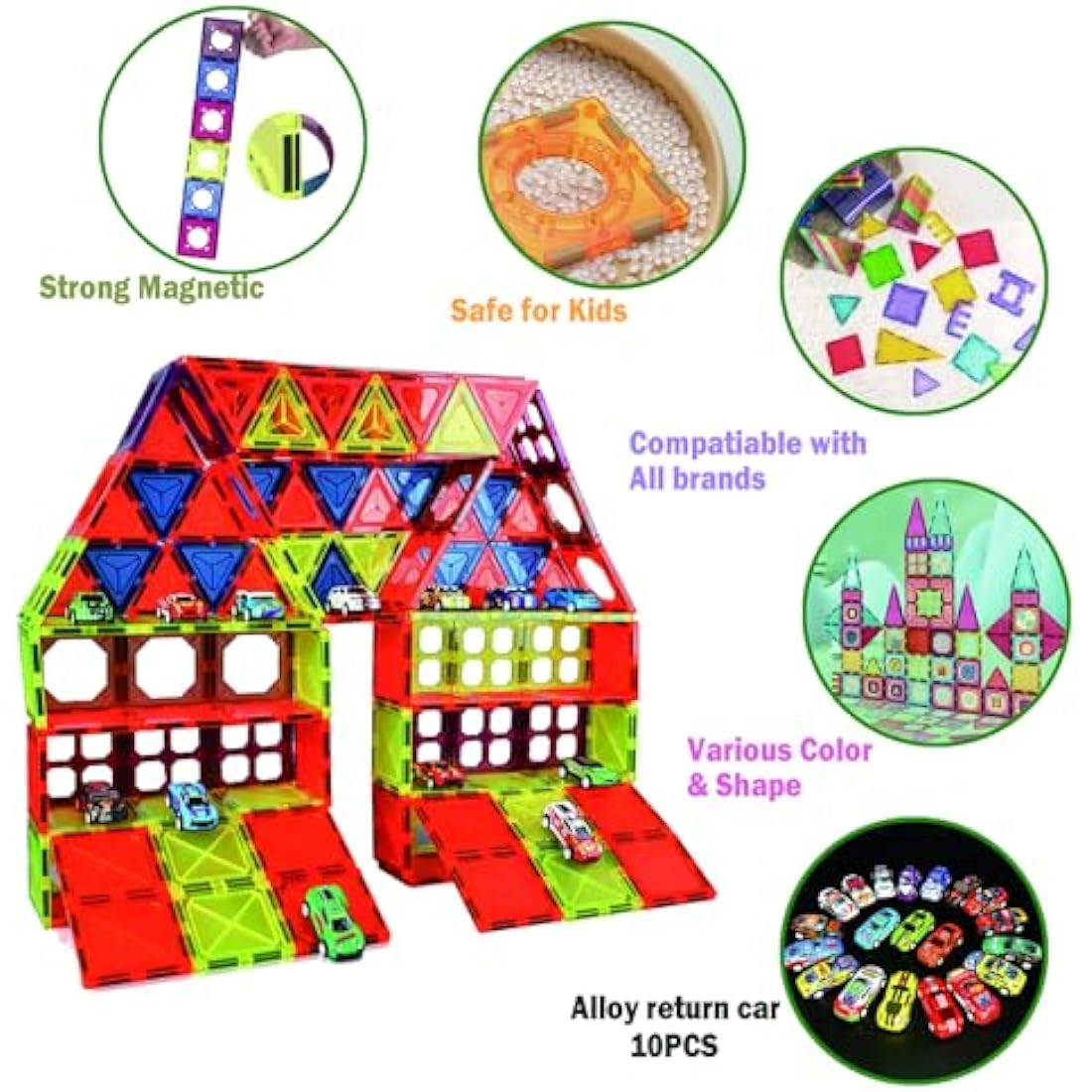 BUBUQE Magnetic Tiles Building Blocks Set with 10 Metal Cars - 105pc
