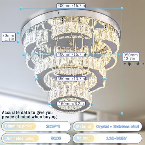 FRIXCHUR 15.7" Flower Crystal Chandelier | Dimmable LED Flush Mount Light