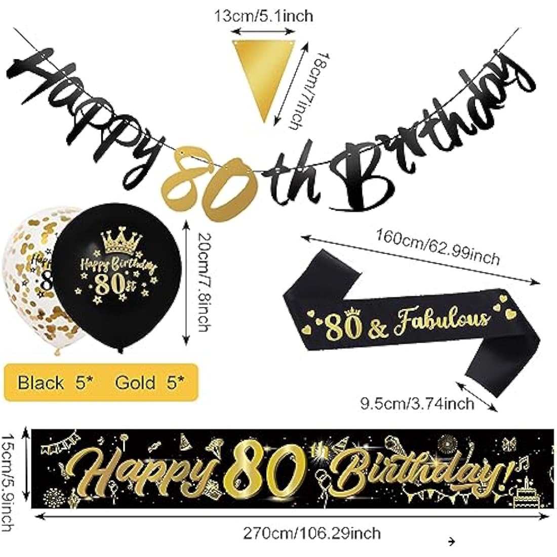 80th Birthday Decorations Kit - 14pc Gold & Black Party Set