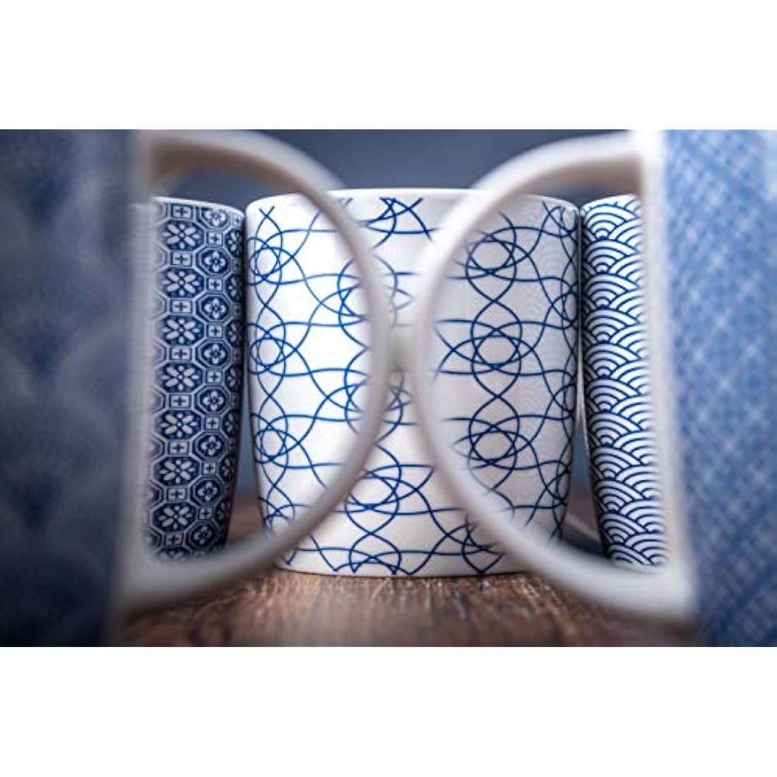 MACHUMA Ceramic Coffee Mugs - 6 Pack Blue & White Geometric Cup Set