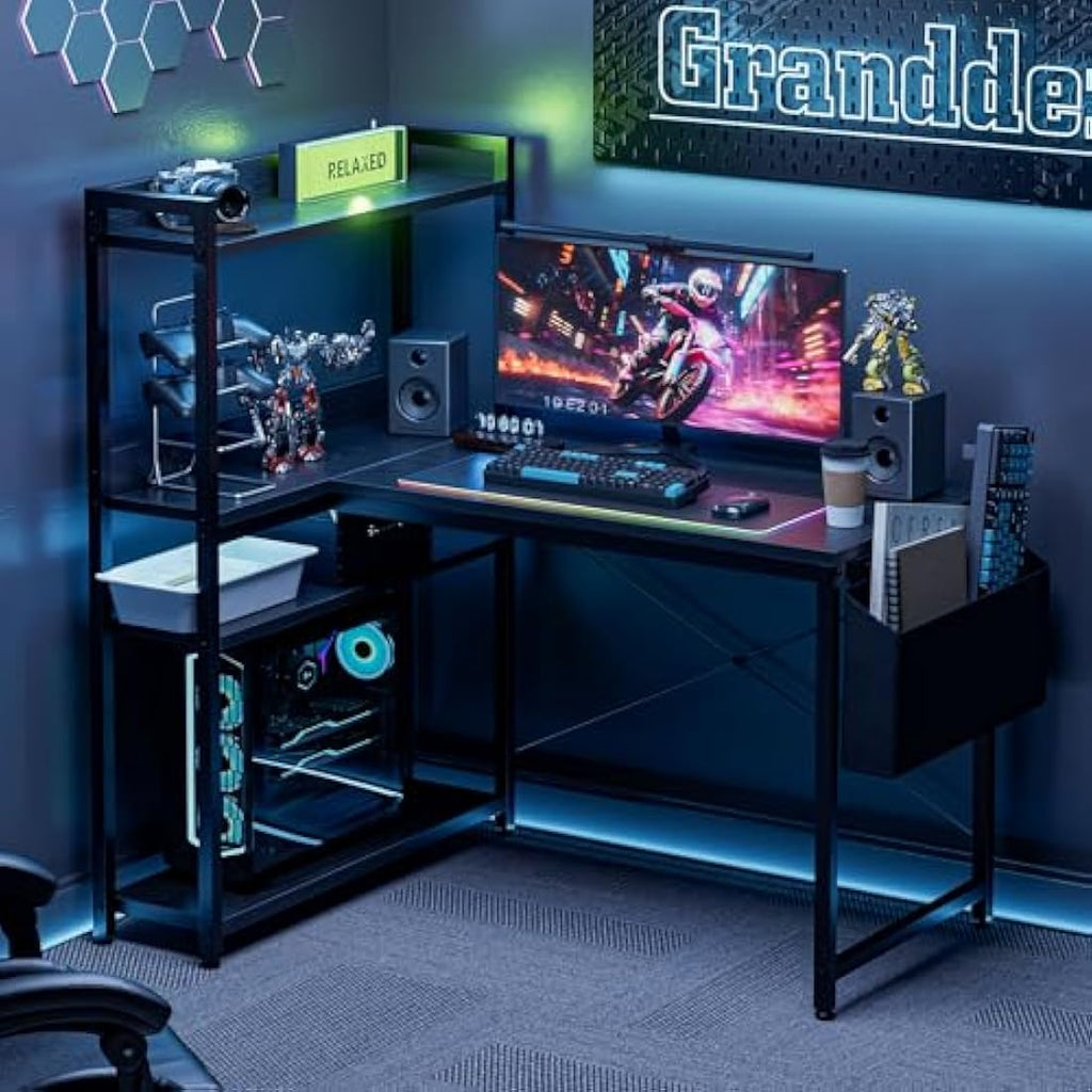 L-Shaped Gaming Desk – 100x80cm Corner Table with Shelves