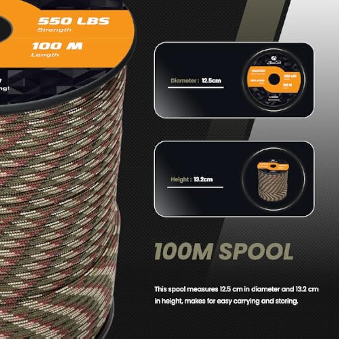 Abma Cord 550 Paracord – 100m Nylon Type III 7 Strand Rope, Forest Camo