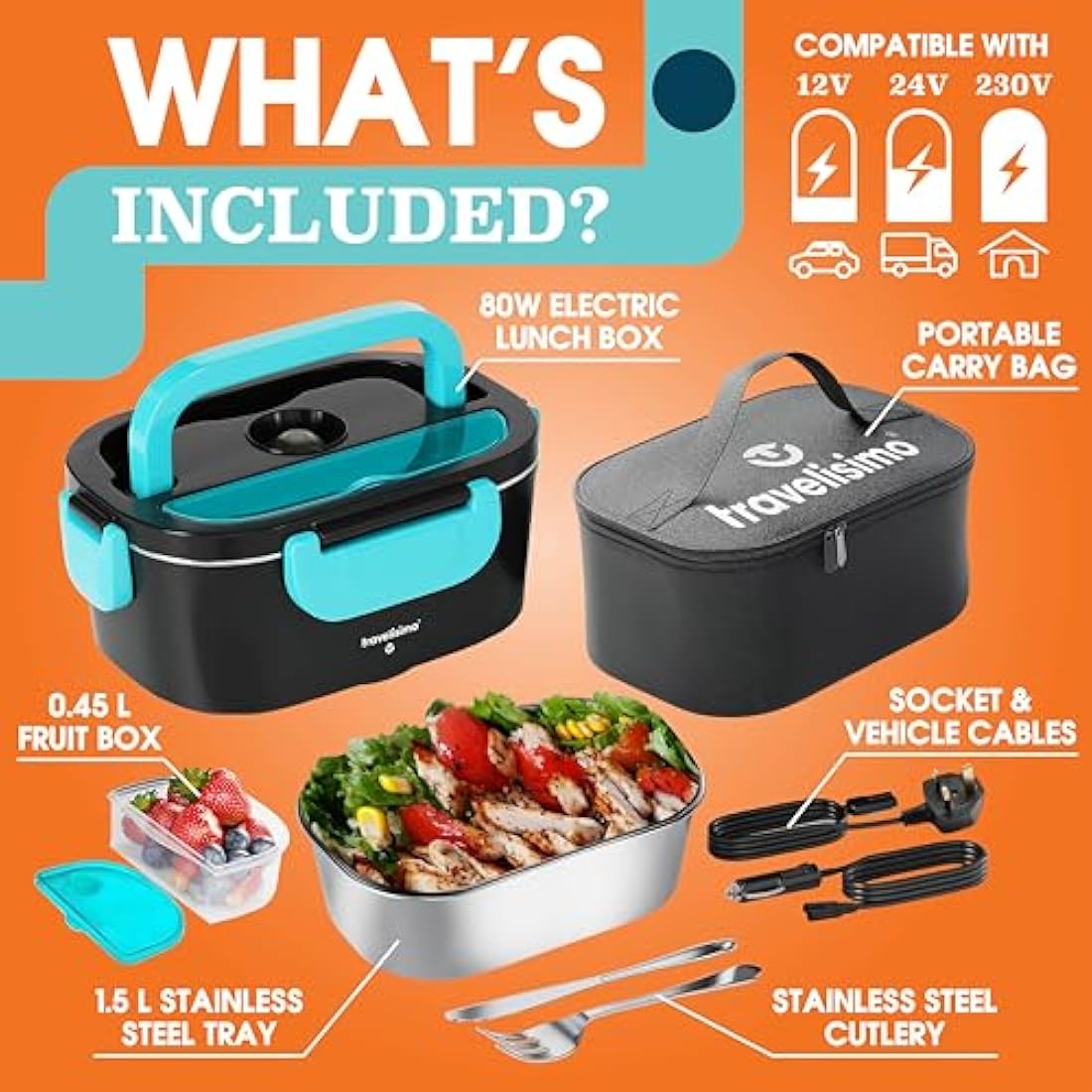 TRAVELISIMO 80W Electric Heated Lunch Box - 1.5L Stainless Steel Food Warmer